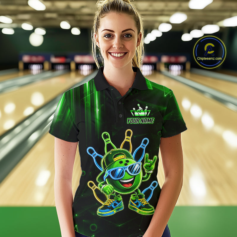 Woman wearing a green funny neon bowling ball bowling polo shirt front view.