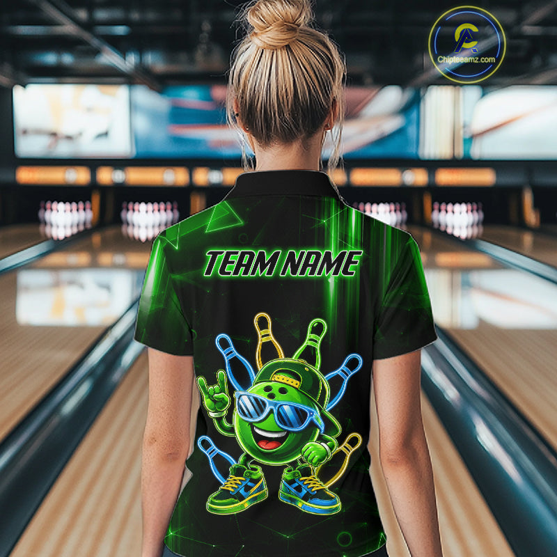 Back view of woman wearing a green funny neon bowling ball bowling polo shirt.