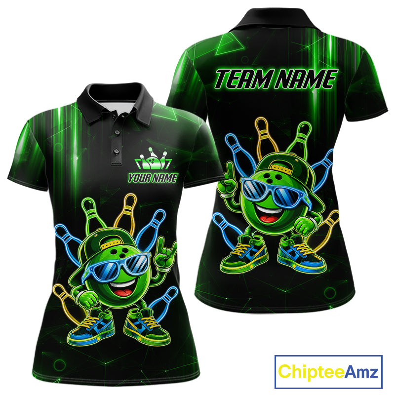 Green funny neon bowling ball bowling team polo shirt for women with vibrant neon bowling graphics.