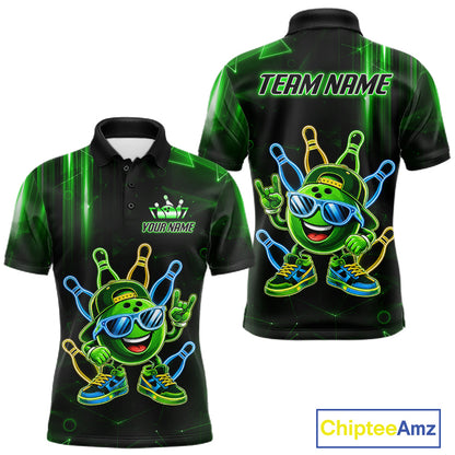 Green funny neon bowling ball bowling team polo shirt for men with vibrant neon bowling graphics.