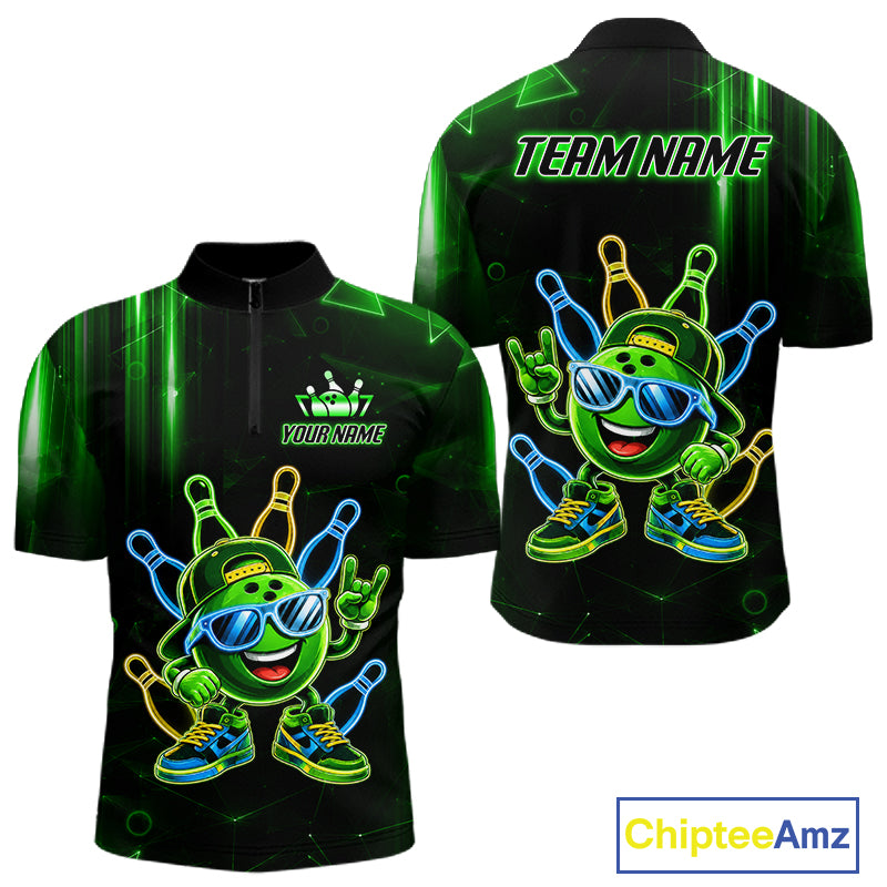 Green funny neon bowling ball quarter zip bowling shirt for men, custom bowling team jersey and tournament apparel.