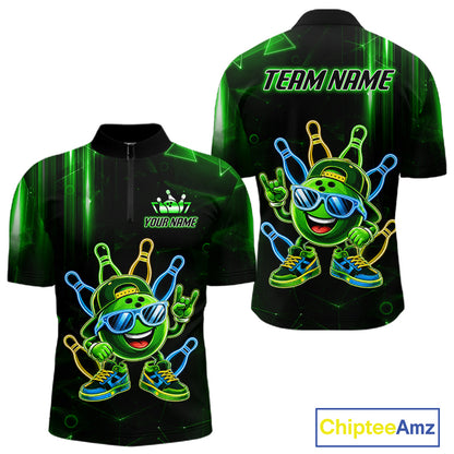 Green funny neon bowling ball quarter zip bowling shirt for men, custom bowling team jersey and tournament apparel.