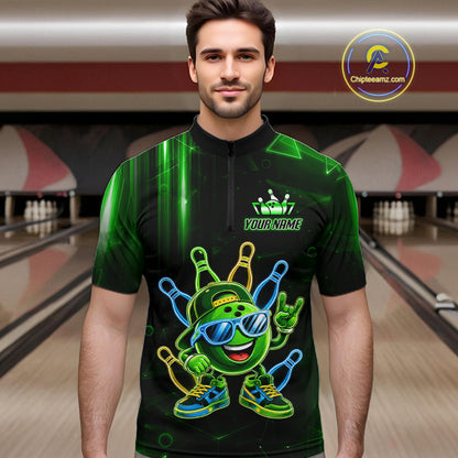 Man wearing a green funny neon bowling ball quarter zip bowling shirt front view, personalized bowling team apparel.