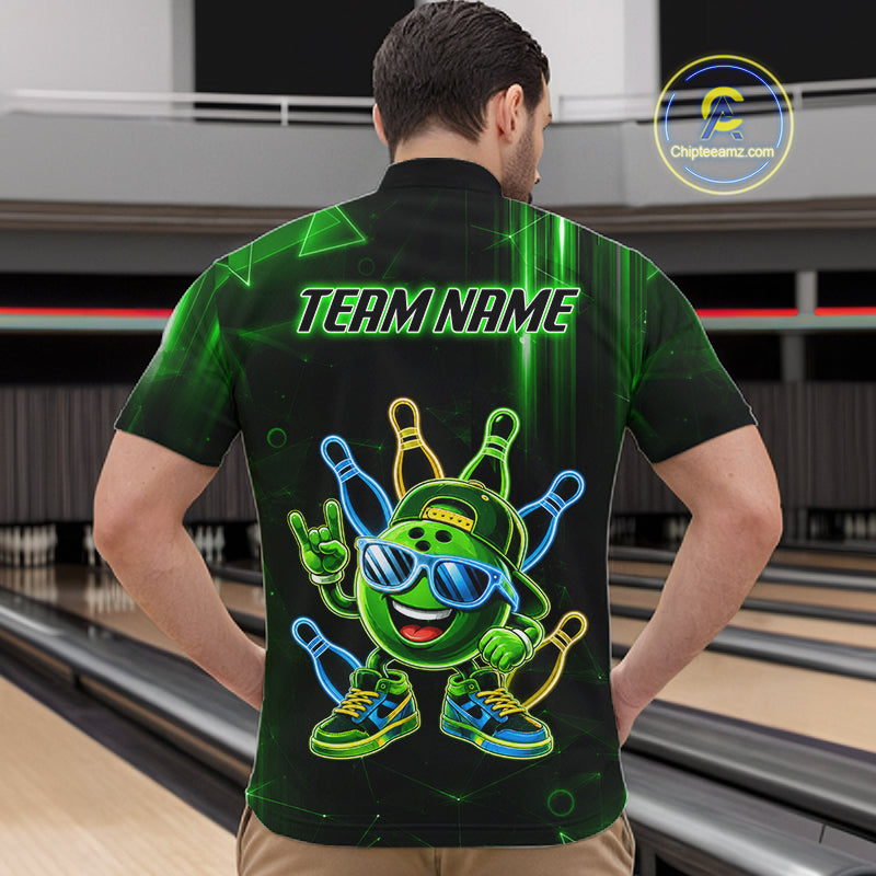 Back view of man wearing a green funny neon bowling ball quarter zip bowling shirt, bowling league team uniform.
