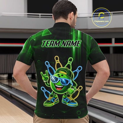 Back view of man wearing a green funny neon bowling ball quarter zip bowling shirt, bowling league team uniform.