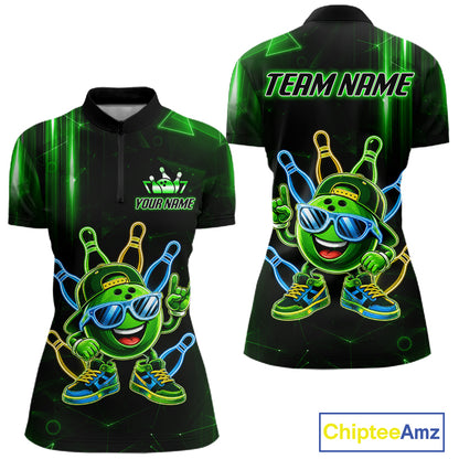 Green funny neon bowling ball quarter zip bowling shirt for women.