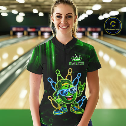 Woman wearing a green funny neon bowling ball quarter zip bowling shirt front view.
