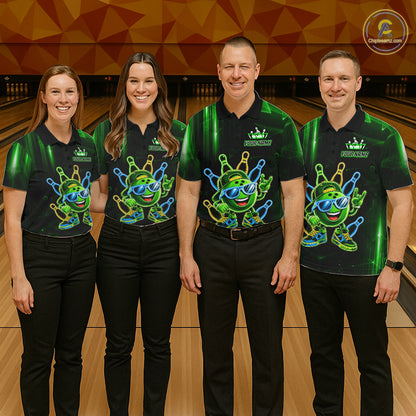 Bowling team wearing matching green funny neon bowling ball custom bowling jerseys front view.