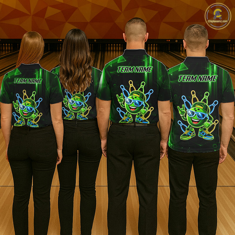 Back view of bowling team wearing matching green funny neon bowling ball bowling league jerseys.