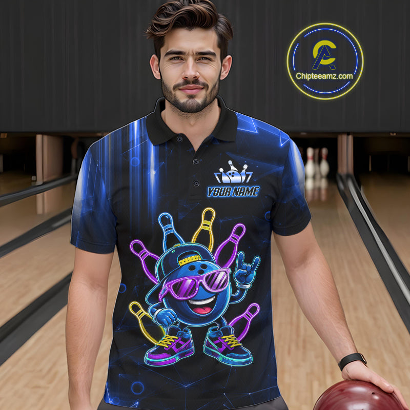 Man wearing a blue funny neon bowling ball bowling polo shirt front view, custom bowling league jersey for men.