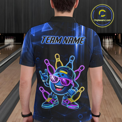 Back view of man wearing a blue funny neon bowling ball bowling polo shirt, custom bowling team jersey design.