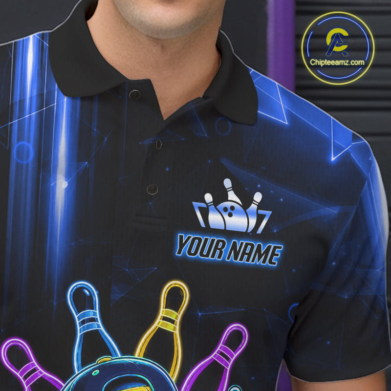 Close up of collar, chest and button details on a blue funny neon bowling ball men's bowling polo shirt.
