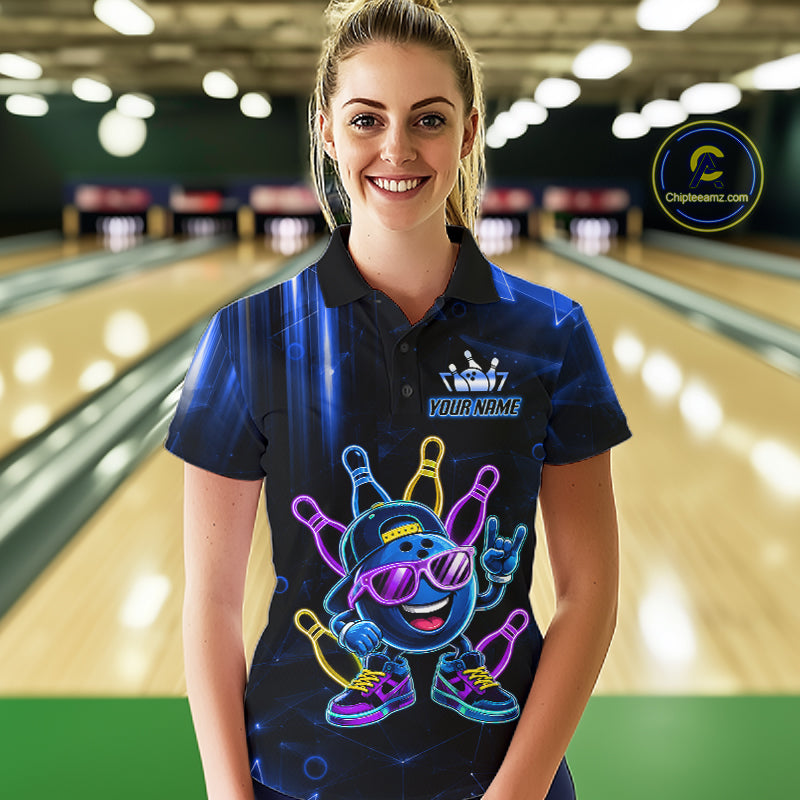Woman wearing a blue funny neon bowling ball bowling polo shirt front view, custom bowling league jersey for women.