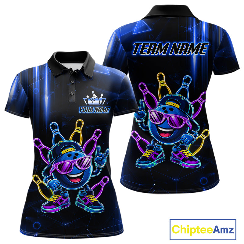 Blue funny neon bowling ball bowling team polo shirt for women with vibrant neon bowling graphics.