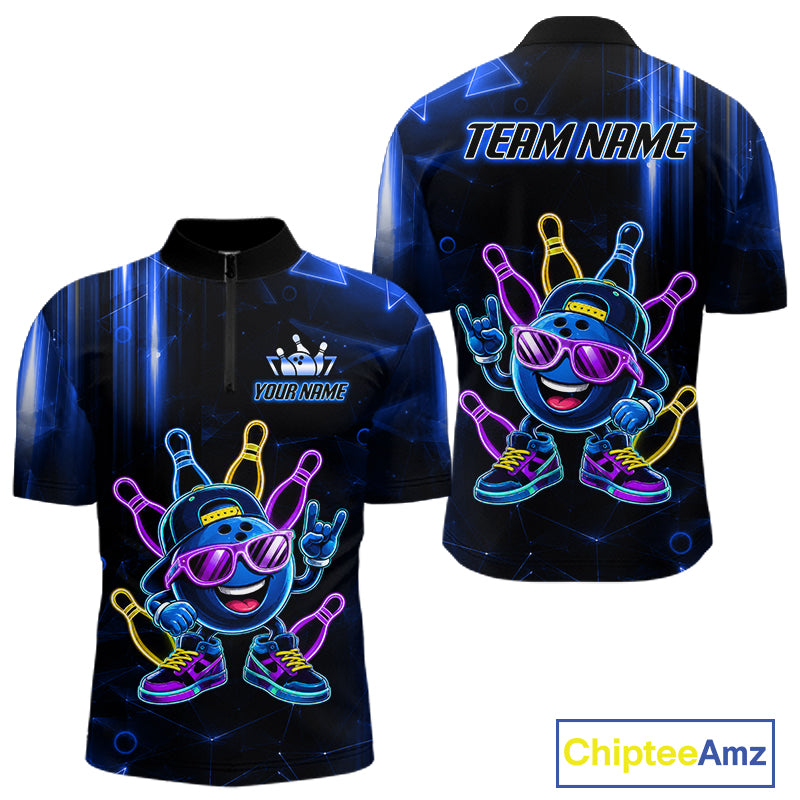Blue funny neon bowling ball quarter zip bowling shirt for men, custom bowling team jersey and tournament apparel.