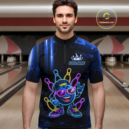 Man wearing a blue funny neon bowling ball quarter zip bowling shirt front view, personalized bowling team apparel.