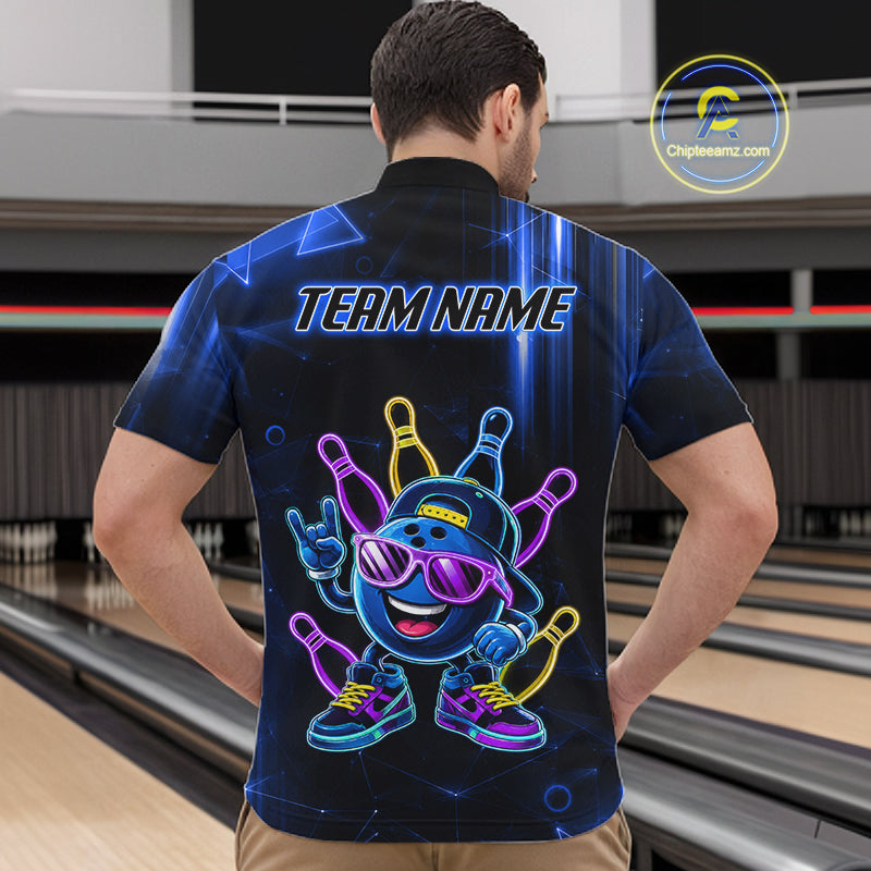 Back view of man wearing a blue funny neon bowling ball quarter zip bowling shirt, bowling league team uniform.
