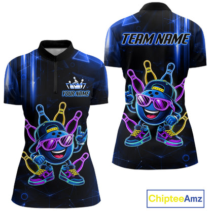 Blue funny neon bowling ball quarter zip bowling shirt for women, custom bowling team jersey and tournament apparel.
