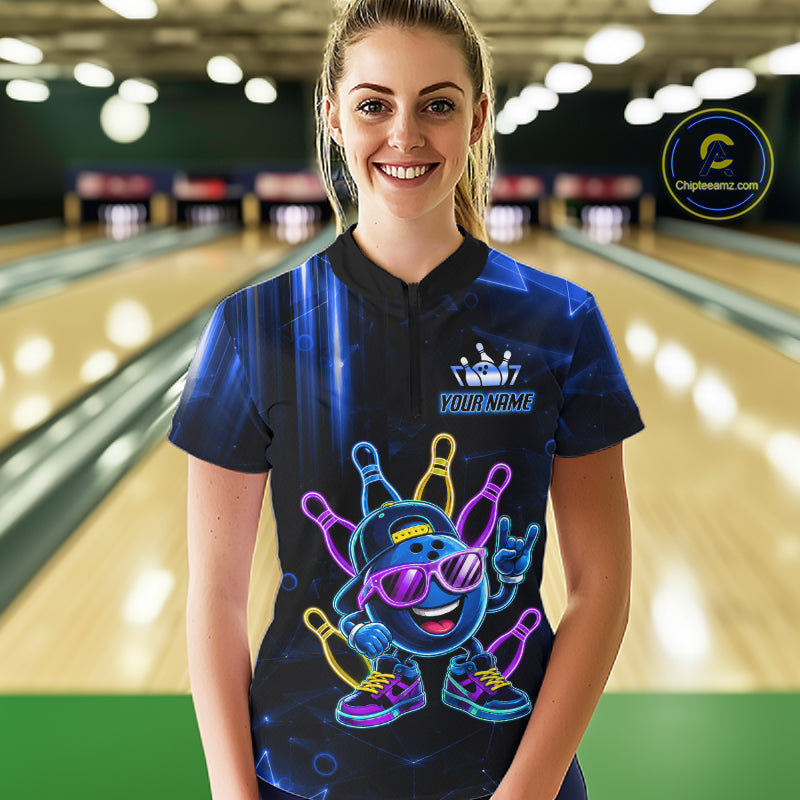 Woman wearing a blue funny neon bowling ball quarter zip bowling shirt front view, personalized bowling team apparel.