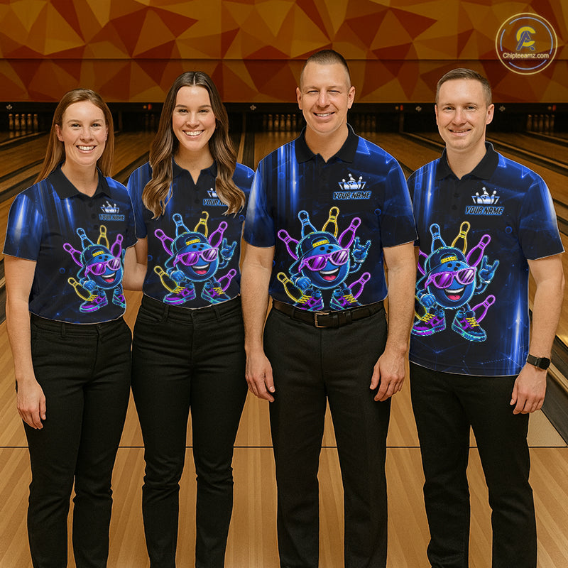 Bowling team wearing matching blue funny neon bowling ball custom bowling jerseys front view.