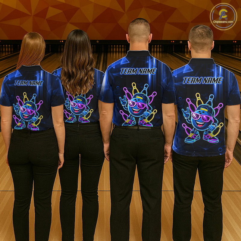 Back view of bowling team wearing matching blue funny neon bowling ball bowling league jerseys.