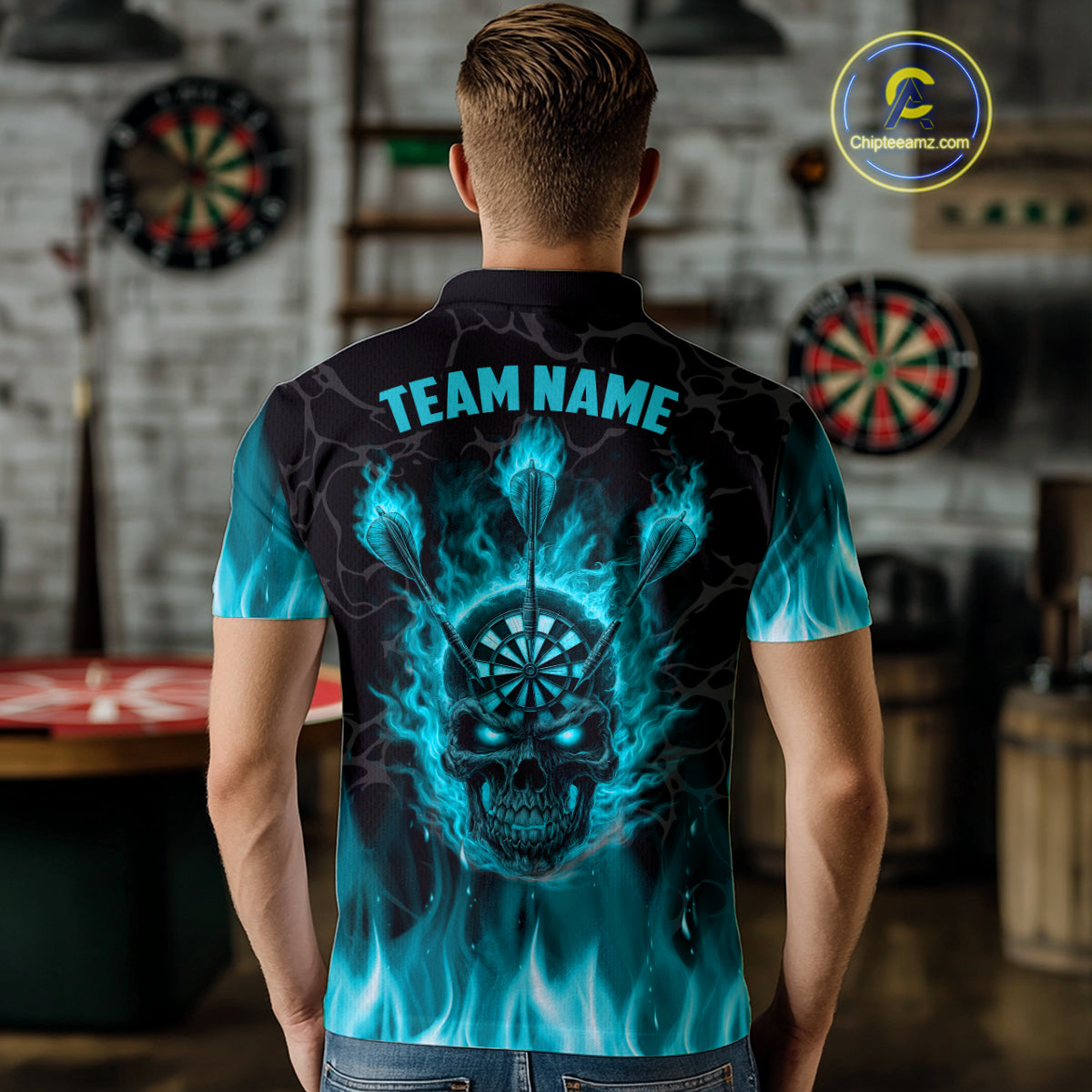 Fire Flame Skull Darts Polo & Quarter Zip Custom Darts Shirts For Men, Darts Team Jersey|Turquoise TDM5320