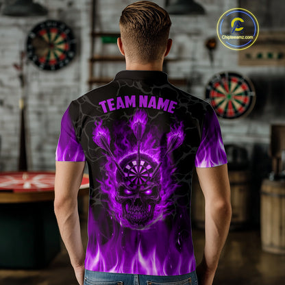 Fire Flame Skull Darts Polo & Quarter Zip Custom Darts Shirts For Men, Darts Team Jersey|Purple TDM5322