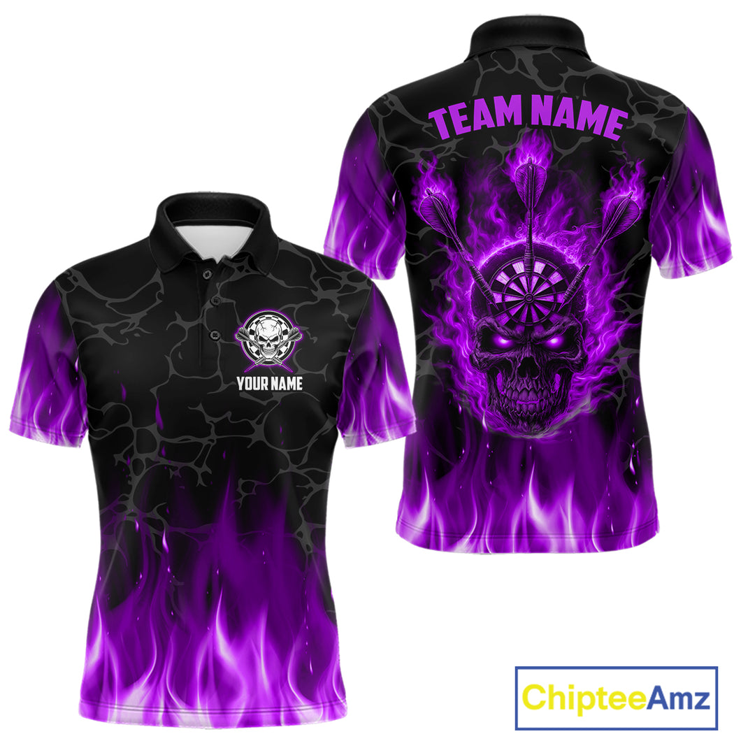 Fire Flame Skull Darts Polo & Quarter Zip Custom Darts Shirts For Men, Darts Team Jersey|Purple TDM5322