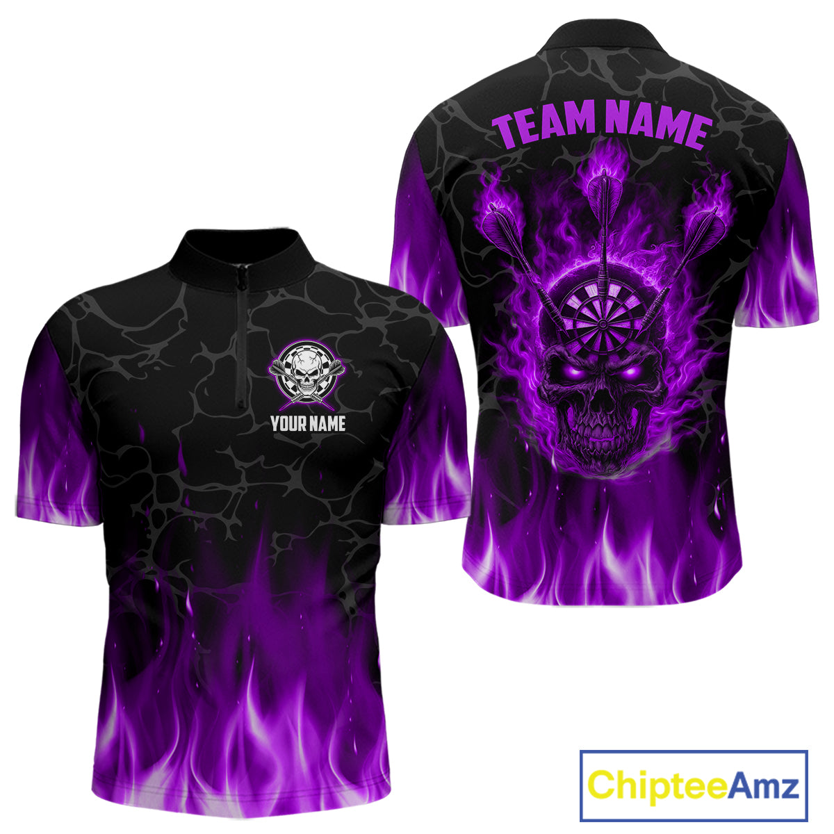Fire Flame Skull Darts Polo & Quarter Zip Custom Darts Shirts For Men, Darts Team Jersey|Purple TDM5322