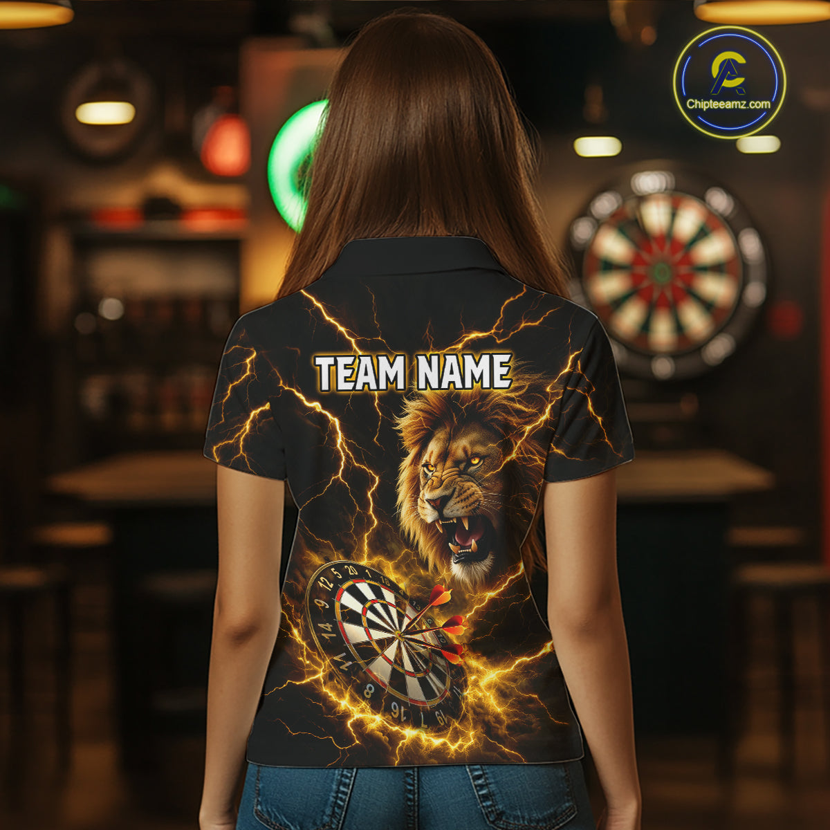 Custom Yellow Dartboard Thunder Lightning Lion Darts Shirt For Women, Darts League Team Jersey TDM5815