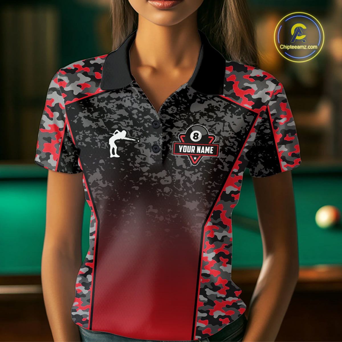 Red Camo 8 Ball Billiard Shirt For Women Custom Pool Team Shirt, Billiard Jersey Polo & 1/4 Zip TDM6200