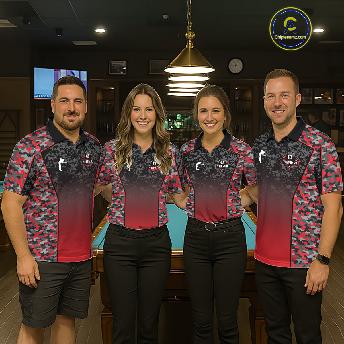 Red Camo 8 Ball Billiard Shirt For Women Custom Pool Team Shirt, Billiard Jersey Polo & 1/4 Zip TDM6200