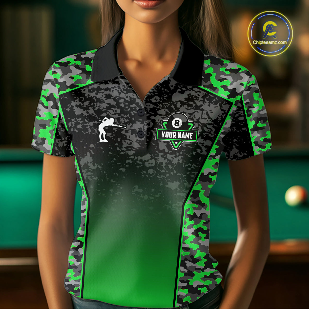 Green Camo 8 Ball Billiard Shirt For Women Custom Pool Team Shirt, Billiard Jersey Polo & 1/4 Zip TDM6201