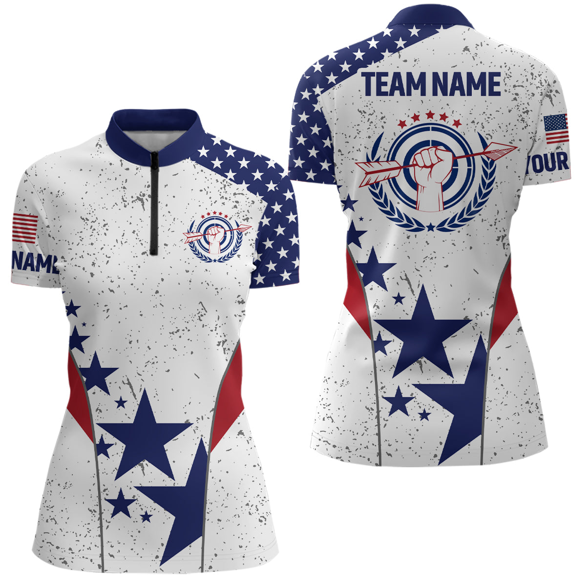 Personalized Grunge US Flag Archery Women Quarter-Zip Shirt Custom Patriotic Archery Jerseys TDM0644
