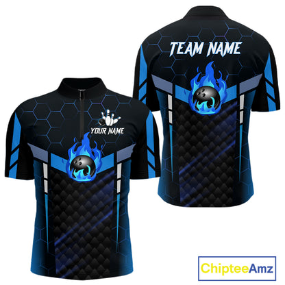 Black And Blue Bowling Jersey For Men Custom Flame Bowling Shirt Team Polo & Quarter Zip TDM5823