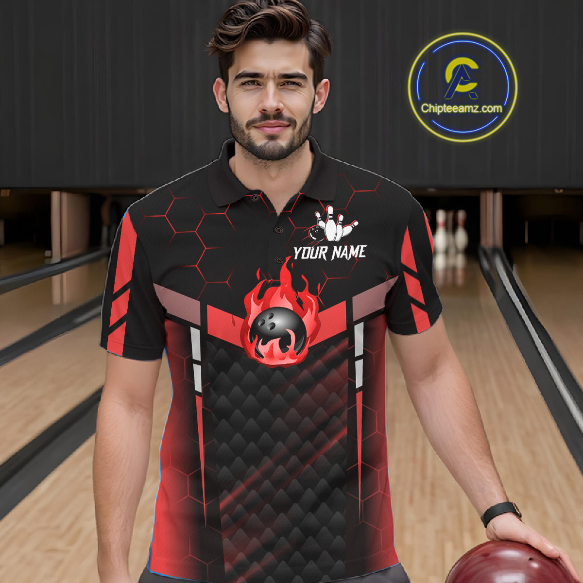 Black And Red Bowling Jersey For Men Custom Flame Bowling Shirt Team Polo & Quarter Zip TDM5824