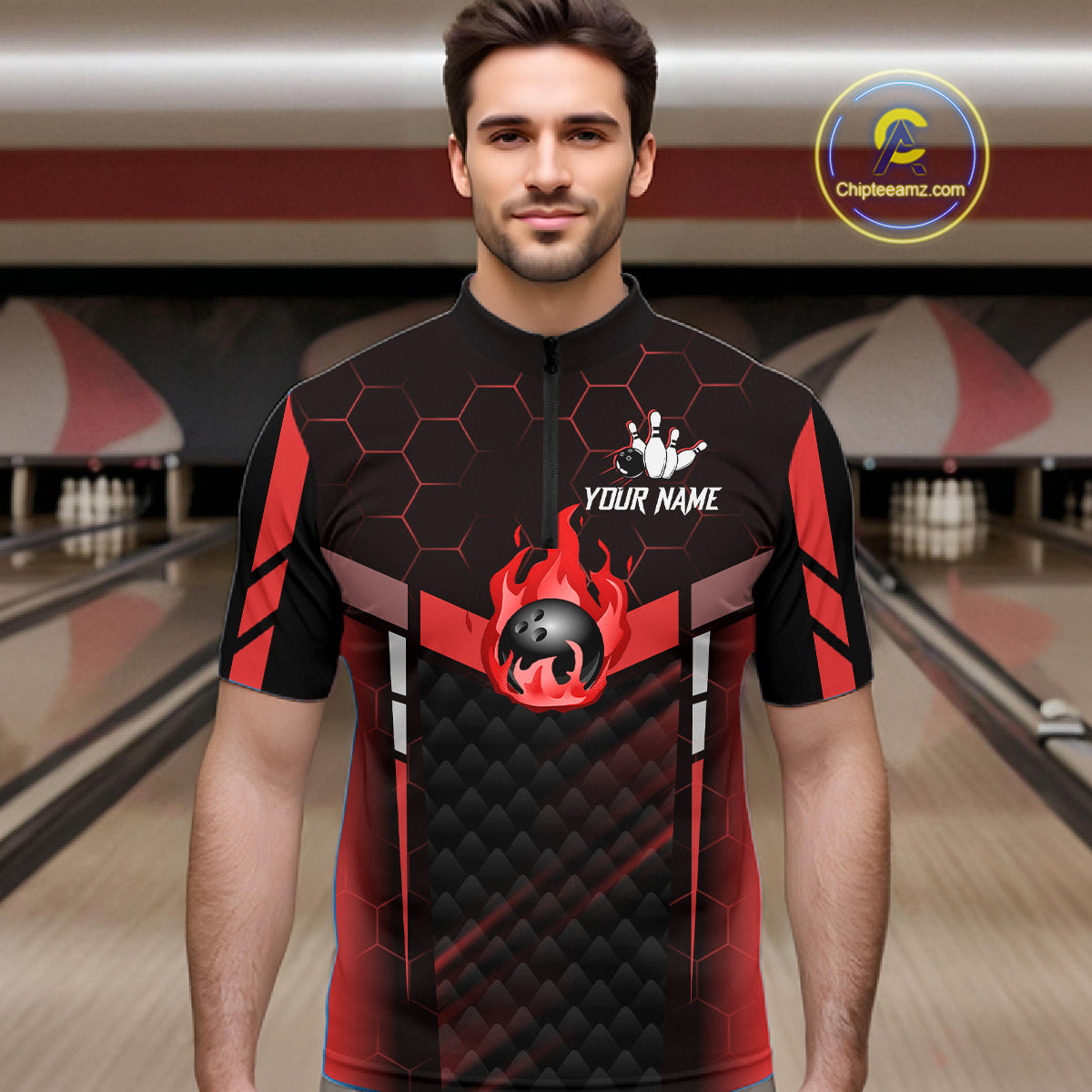 Black And Red Bowling Jersey For Men Custom Flame Bowling Shirt Team Polo & Quarter Zip TDM5824