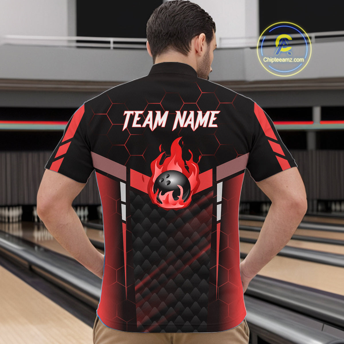 Black And Red Bowling Jersey For Men Custom Flame Bowling Shirt Team Polo & Quarter Zip TDM5824