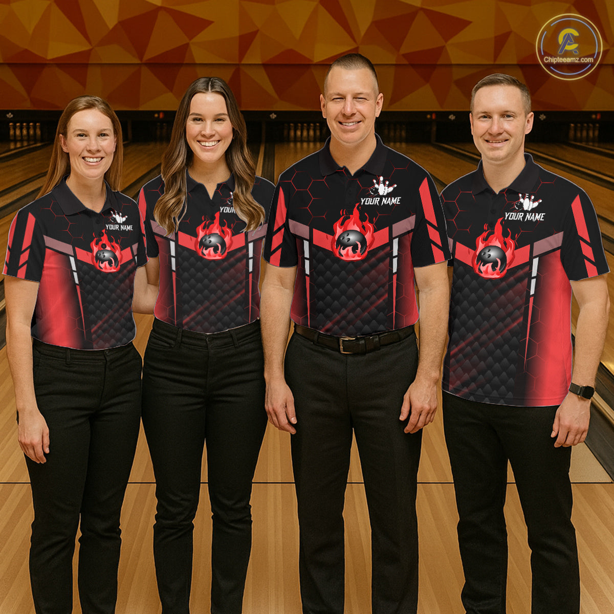 Black And Red Bowling Jersey For Women Custom Flame Bowling Shirt Team Polo & Quarter Zip TDM5824