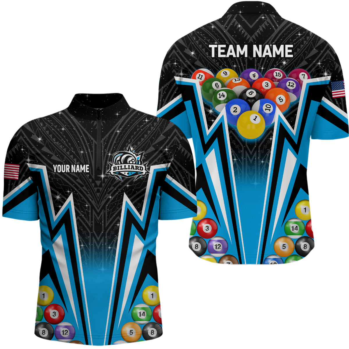 Custom Blue 3D 8 Ball Billiard Jersey Men Quarter-Zip 8 Ball Pool Team League Billiard Shirt TDM1150