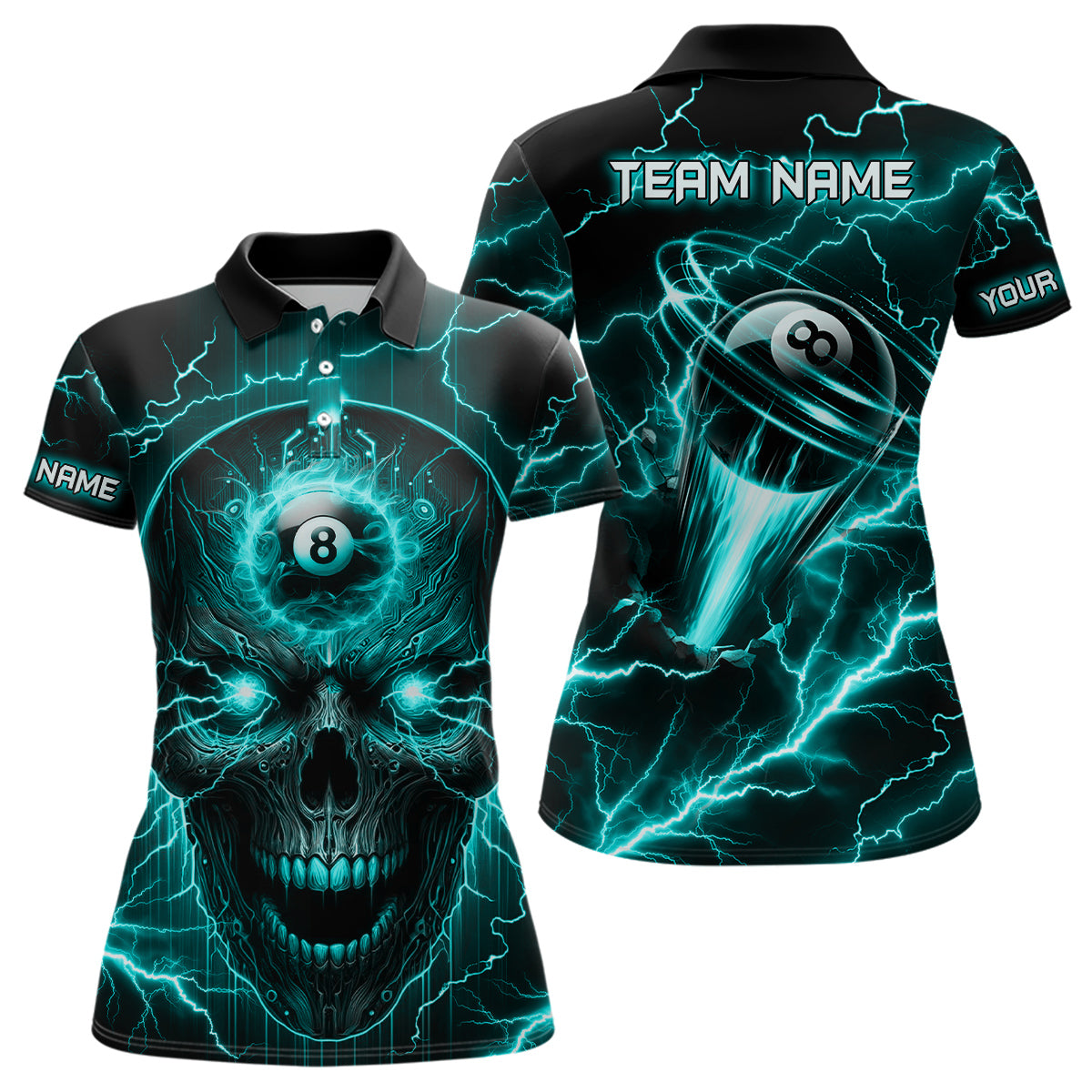 Personalized Skull Billiard Polo Shirts For Women Custom Name 8 Ball Pool Billiard Jerseys |Turquoise TDM1533
