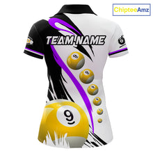 Load image into Gallery viewer, Purple 8 ball and 9 ball pool team polo shirt for women with custom billiard graphics.