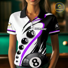 Load image into Gallery viewer, Woman wearing a purple 8 ball and 9 ball billiard jersey front view.