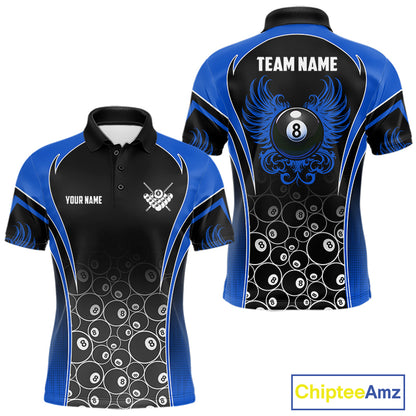 Personalized Black and Blue 8 Ball Wings Billiard Polo Shirt for Men Featuring Striking Winged 8 Ball Artwork for Pool League Players, Team Competition, and Tournament Events