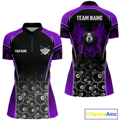 Personalized Black and Purple 8 Ball Wings Quarter Zip Billiard Shirt for Women Created for Competitive Pool League Teams with Performance Fabric and Tournament Ready Team Design