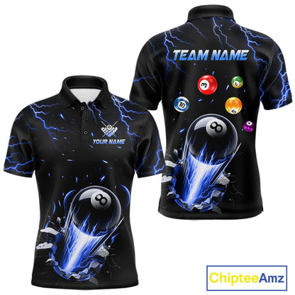 Personalized Blue Lightning Strike 8 Ball Pool Billiard Polo Shirt for Men Featuring Electric Blue Lightning Artwork for Pool League Players, Team Competition, and Tournament Events