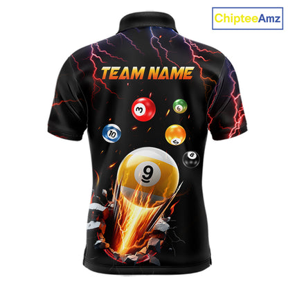 Thunder Lightning Strike 9 Ball Pool Polo Shirt for Men Designed for Personalized Billiard League Team Jerseys with Premium Athletic Performance and Dynamic Storm Graphics