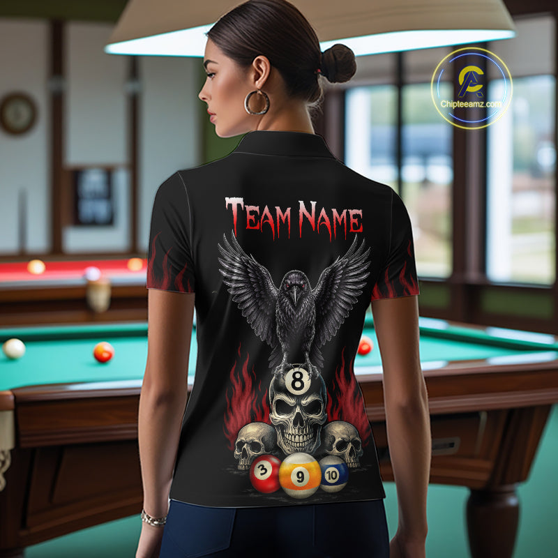 Woman Wearing Personalized Raven 8 Ball Pool Skull Custom Pool Team Jersey Featuring the Complete Rear Graphic Design, Back View