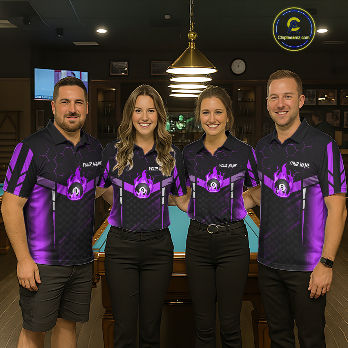 Personalized Purple 8 Ball Flame Billiard Shirt For Women Custom Billiard Team Jersey Polo & 1/4 Zip TDM5585