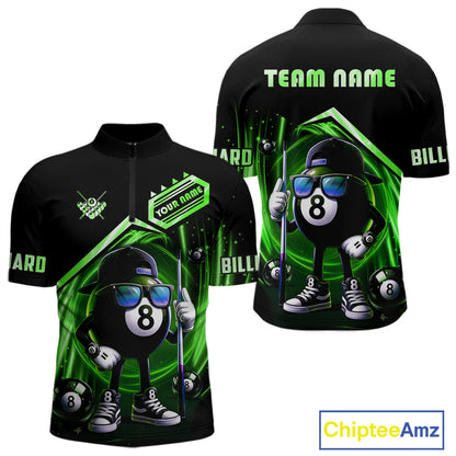 Green Funny 8 Ball Billiard Shirt For Men Custom Pool Team Shirt, Billiard Jersey Polo & 1/4 Zip TDM5833